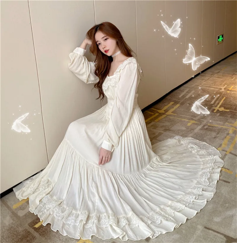 Women Slim Elegant High Waist Bow Ribbon Belt Lace Square Collar Long Dress Ladies Vintage Korean Sexy Party Beach Dress