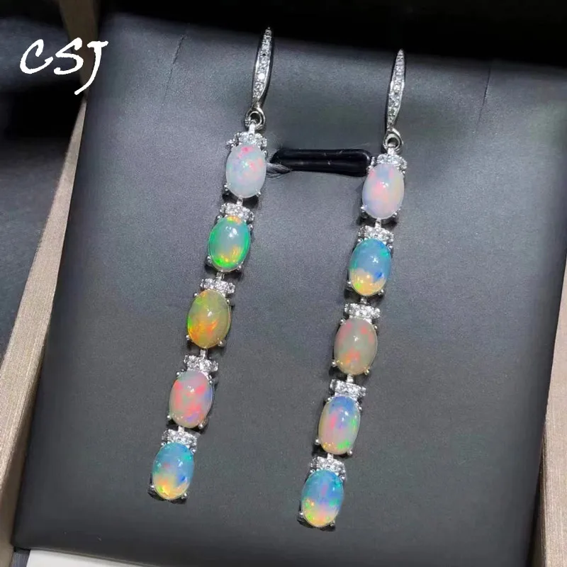 CSJ Real Natural Opal Dangle Earrings 925 Sterling Silver, Ethiopia  Black Opal Gemstone 6*8mm Jewelry for Women Party Gift