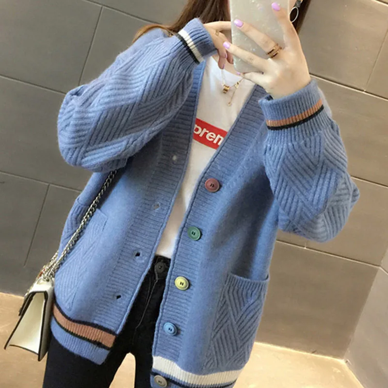 Zoki Fashion V Neck Women Cardigan Sweater Autumn Long Sleeve Single Breasted Knit Coat Casual Korean Striped Pocket Sweater