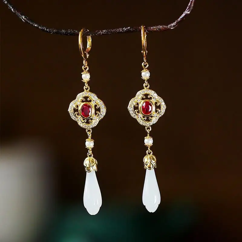 Natural Hetian White Magnolia Flower Hollow Diamond Earrings Chinese Retro Luxury Aristocratic Charm Women\'s Silver Jewelry