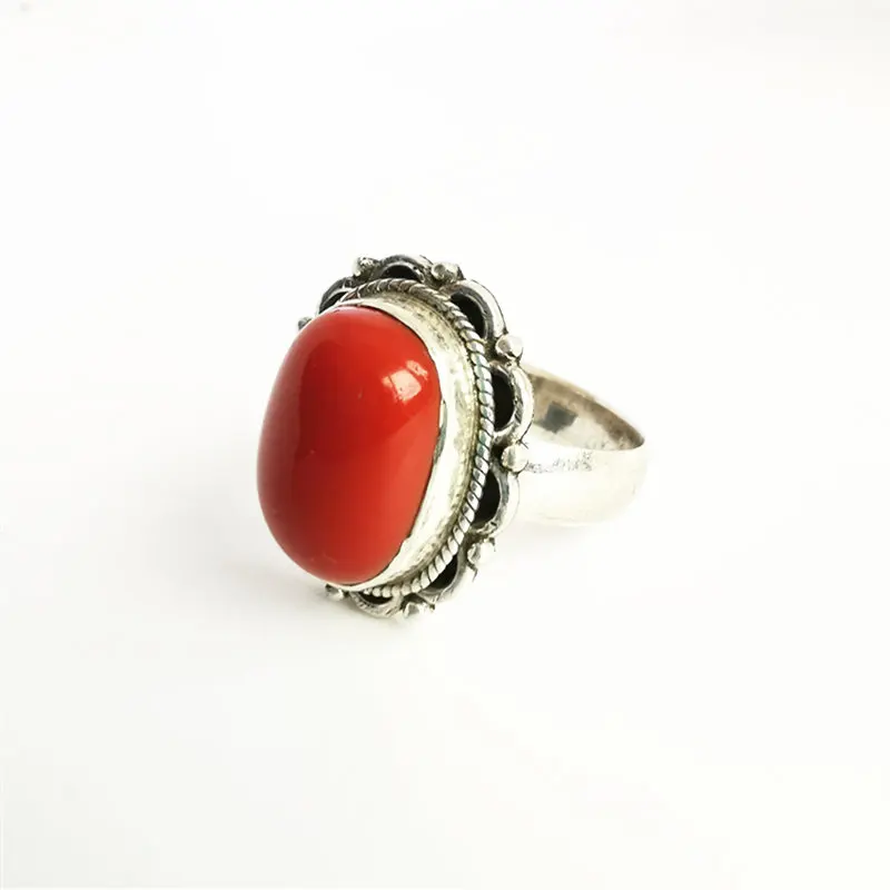 Tibetan Jewelry 925 Silver Inlaid Red Lampwork Rings for Man Lady Vintage Rings T9019