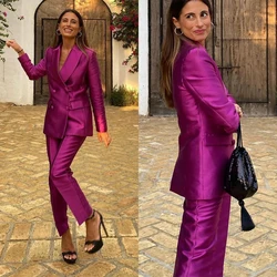 Classic Purple Women Blazer Suits Double Breasted Peaked Lapel Slim Fit 2 Pieces Pants Set Office Lady Casual Custom Made