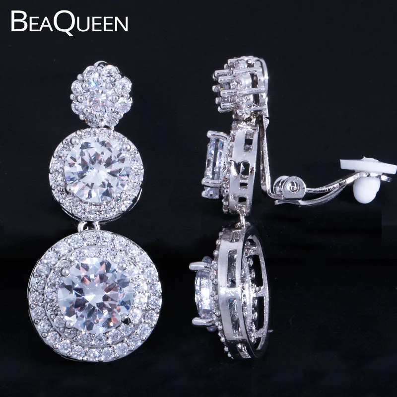 BeaQueen Newest Fashion Round Cubic Zirconia Stone Drop No Pierced Hole Ear Clip On Earrings Women Christmas Jewelry Gifts E225