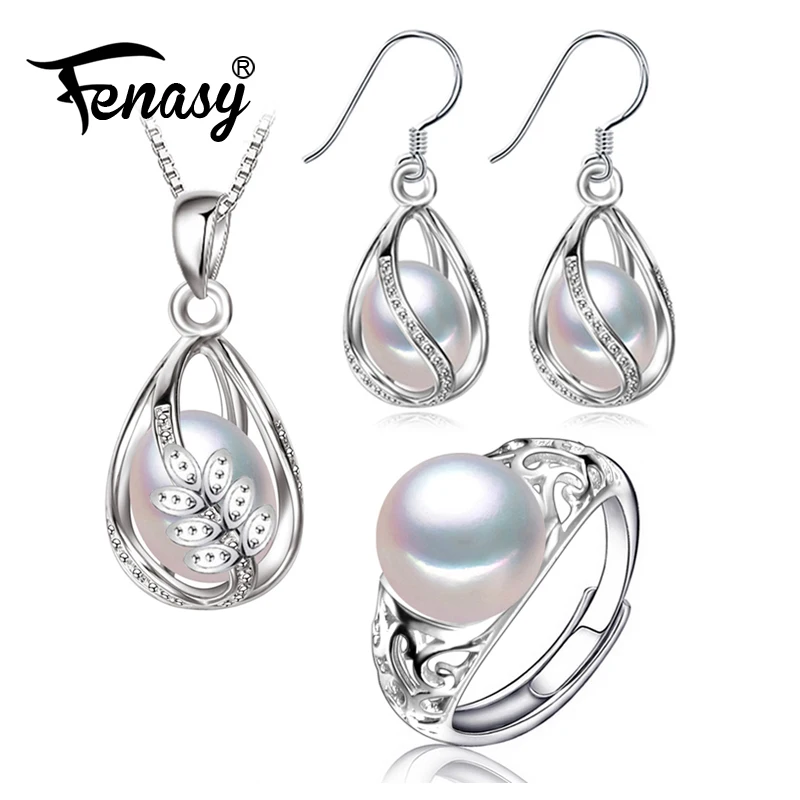 FENASY 925 Sterling Silver Set Freshwater Pearl Jewerly Sets For Women Cage Earrings Necklace Set Hollow Vintage Adjustment Ring