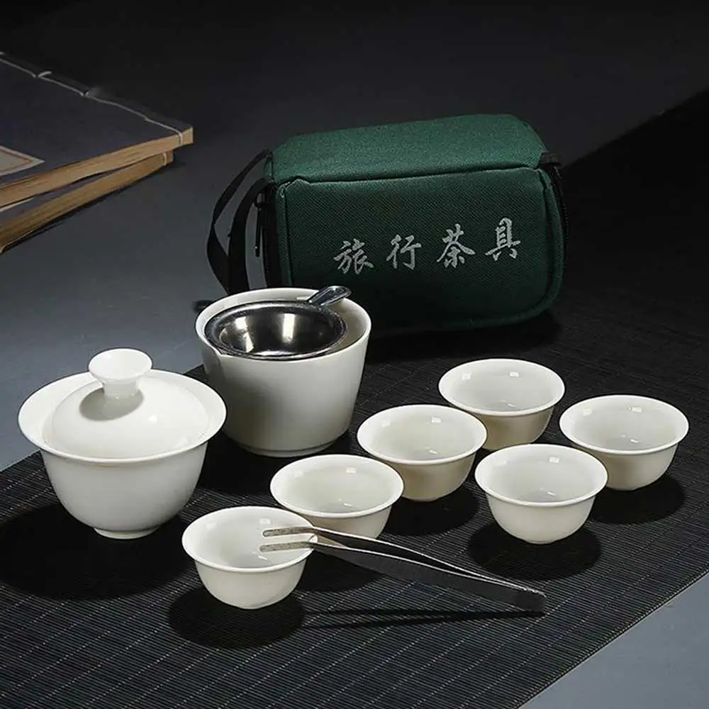 Conjunto de chá kung fu de viagem chinês, cerâmica branca, portátil, serviço de porcelana, para cerimônia, utensílio requintado