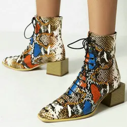 2021 PU Leather Women Ankle Boots Comfortable Square Heel Round Toe Ladies Lace Up Boots Snake Print Fall Winter Women's Boots