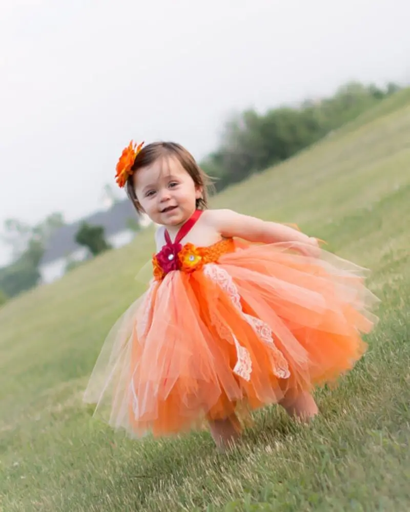 Baby Girls Orange Flower Lace Tutu Dress Kids Tulle Dress Ball Gown with Hairbow Children Birthday Halloween Party Costume Dress