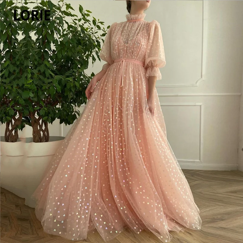 LORIE Shiny Fairy Prom Dresses High Neck Peach Tulle A-Line Short Sleeves Arabic Wedding Party Gown for Graduation