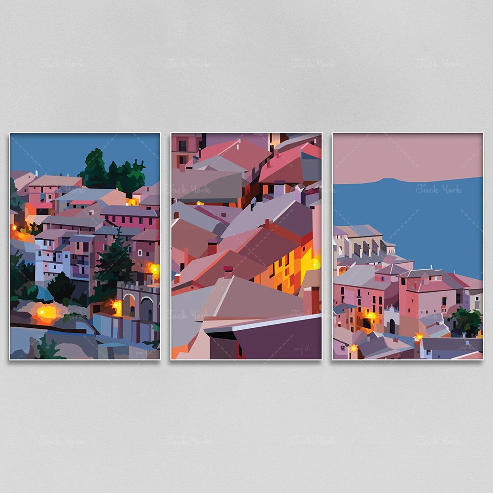 Prints wall art, travel poster set, Albarracin Spain, wall decor for kitchen, vector art work, art for laundry rooms