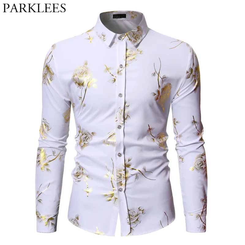 Herren Gold Rose Floral Print Shirts Marke Floral Steampunk Chemise Weiß Langarm Hochzeit Party Bronzing Camisa Masculina