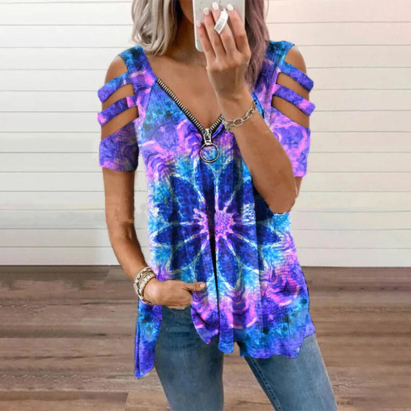 New Summer Cold Shoulder Leopard Print Zipper V-Neck Loose Casual Ladies Shirt Tops Spring Sexy Women Blouse 2022 New Clothes