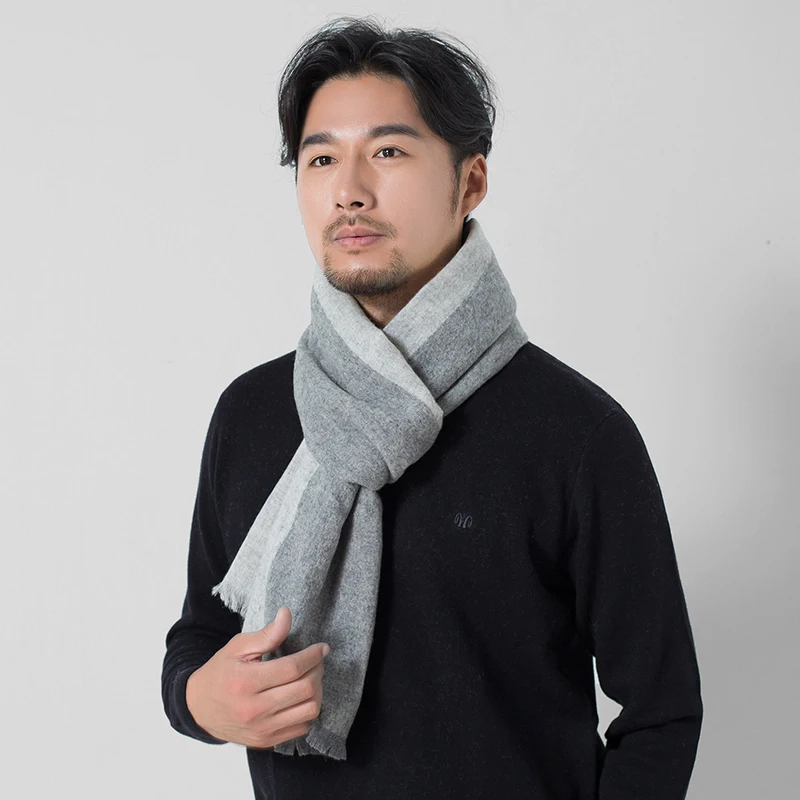 Winter 100% Lamb Wool Men\'s Scarf Striped Warmer Thicken Pashmina Wraps Foulard Male Cashmere Neck Scarf Large Fashion Echarpe