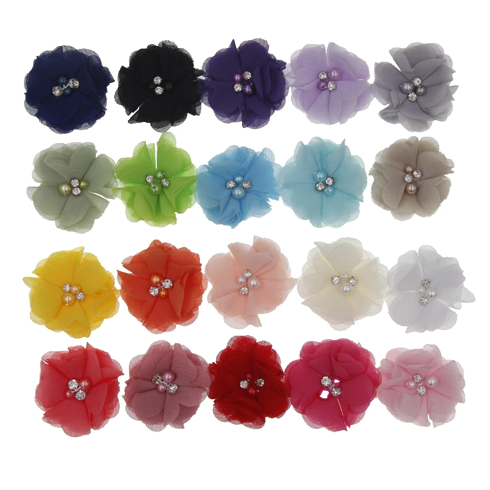 20PCS Pearl Rhinestone Chiffon flowers Hair Accessories DIY Flower Bouquet Flowers Decorations No Hair clips for headband