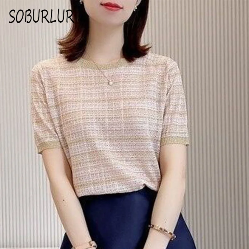 

SOBURLUR 2021 Summer New Basic Knitted Crop Top Women's T-shirt Shirt Woman Clothes Short Sleeve Loose Tops