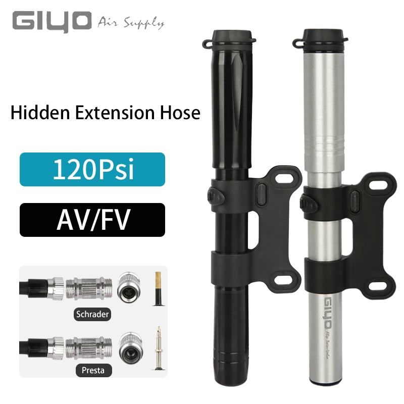 Giyo Hidden Hose Cycling Hand Pump Bicycle Inflator 120psi CNC Alloy Road Bike Schrader Presta Valve MTB Pump Mini Tyre Inflator