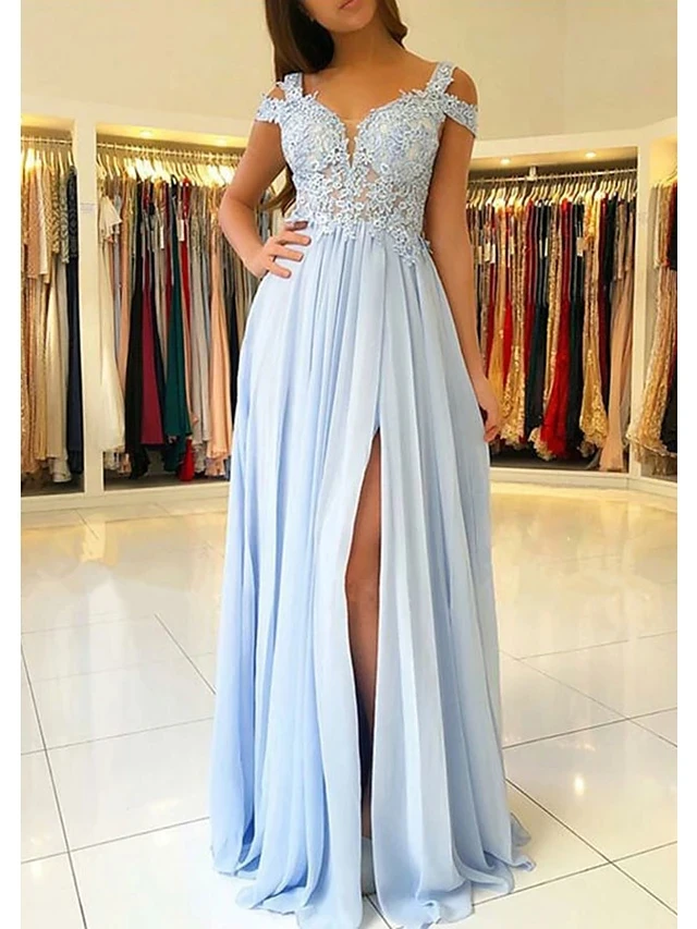 Neue Sky Blue Chiffon Prom Kleid 2022 Weg Von der Schulter Appliques Split Front Abend Party Kleid Robe De Soiree Vestidos de Noiva