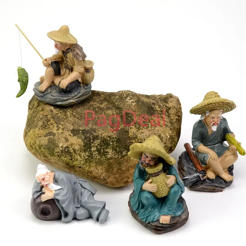 Mini Aquarium Fish Tank Old Fishing Man Figure Landscape Decoration Home Miniature Potting Garden Dollhouse Decor Ornament