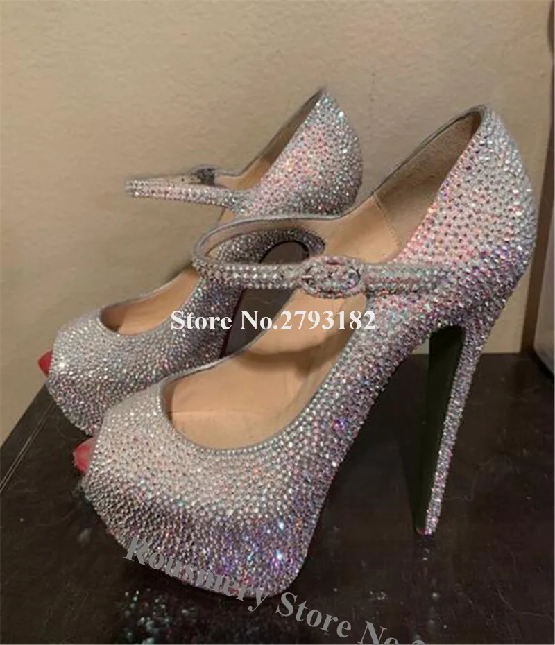 

Bling Bling Rhinestone Peep Toe High Platform Stiletto Heel Pumps Silver Crystal Ankle Strap High Heels Wedding Dress Shoes