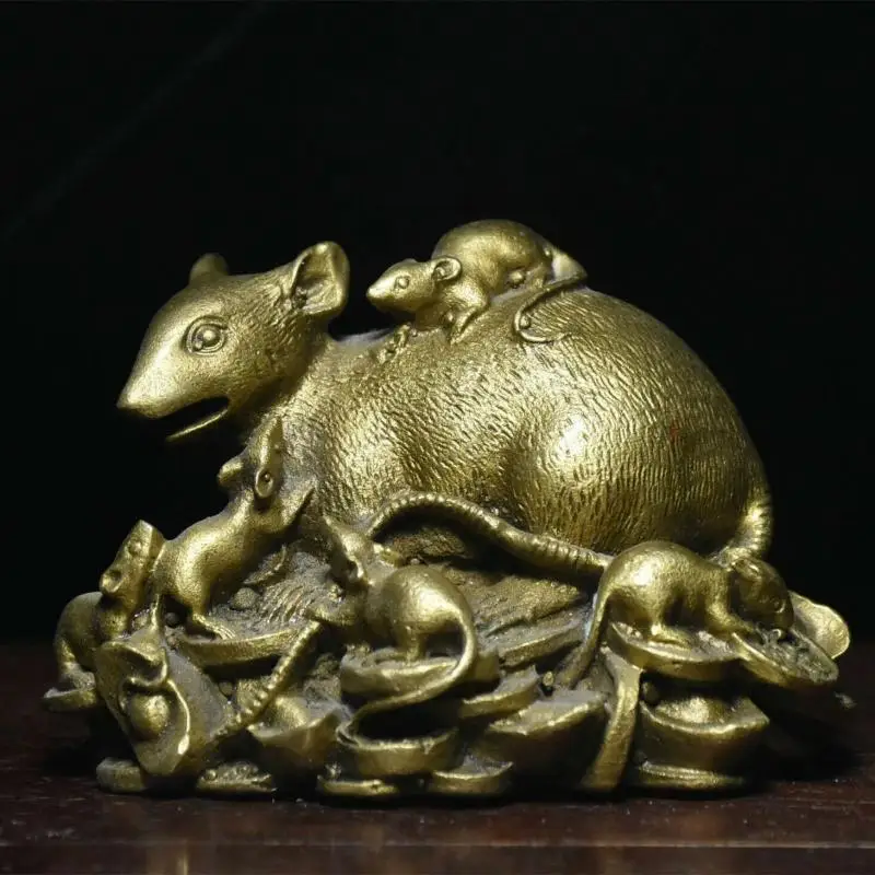 Chinese Folk Feng Shui Pure Copper Brass Wealth Coin Year Zodiac Mouse Statue Statues for Decoration Collection Ornaments Zodiac