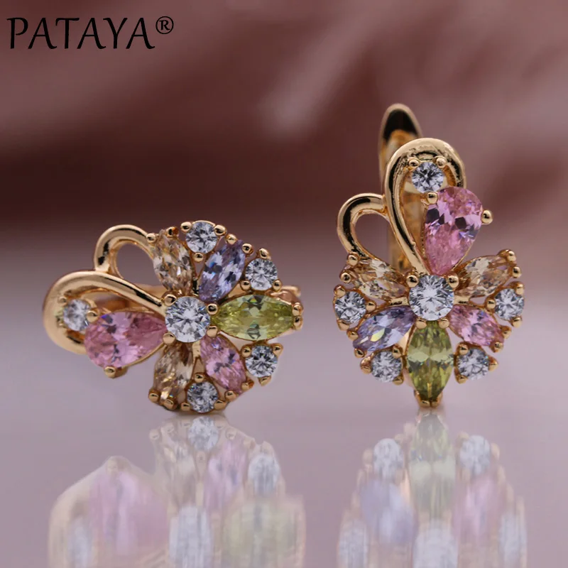 PATAYA New Pink Colorful Water Drop Natural Zircon Dangle Earrings 585 Rose Gold Color Women Fashion Jewelr Cute Metal Earrings