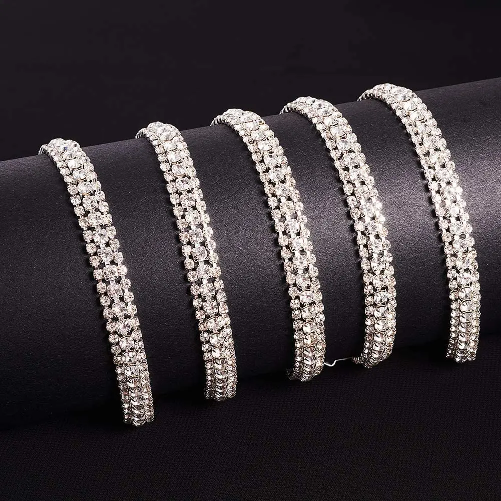 3 Yard Crystal Rhinestone Close Chain 3 Rows Diamond Trimming Sewing Crafts Silver Base For Wedding Dress Shoes Diy Decorations