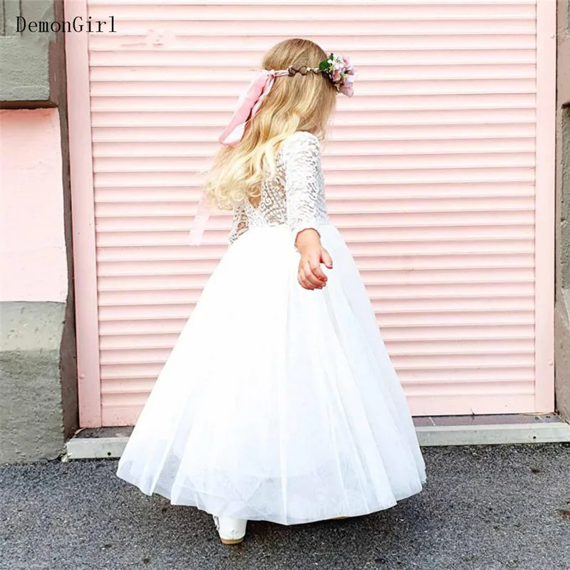 Puffy Tüll Spitze Blume Mädchen Kleider Backless Illusion Langarm Kinder Hochzeit Party Kleid Erstkommunion Kleid