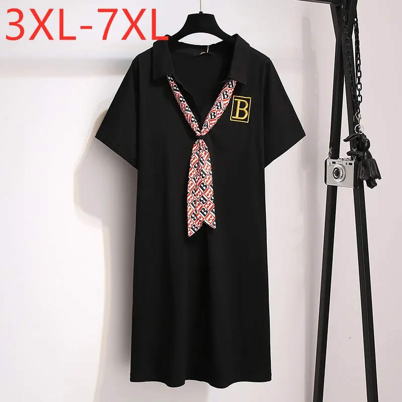 

New 2021 Ladies Summer Plus Size T-shirt Dress For Women Large Short Sleeve Cotton Black V-neck Midi Dress 3XL 4XL 5XL 6XL 7XL