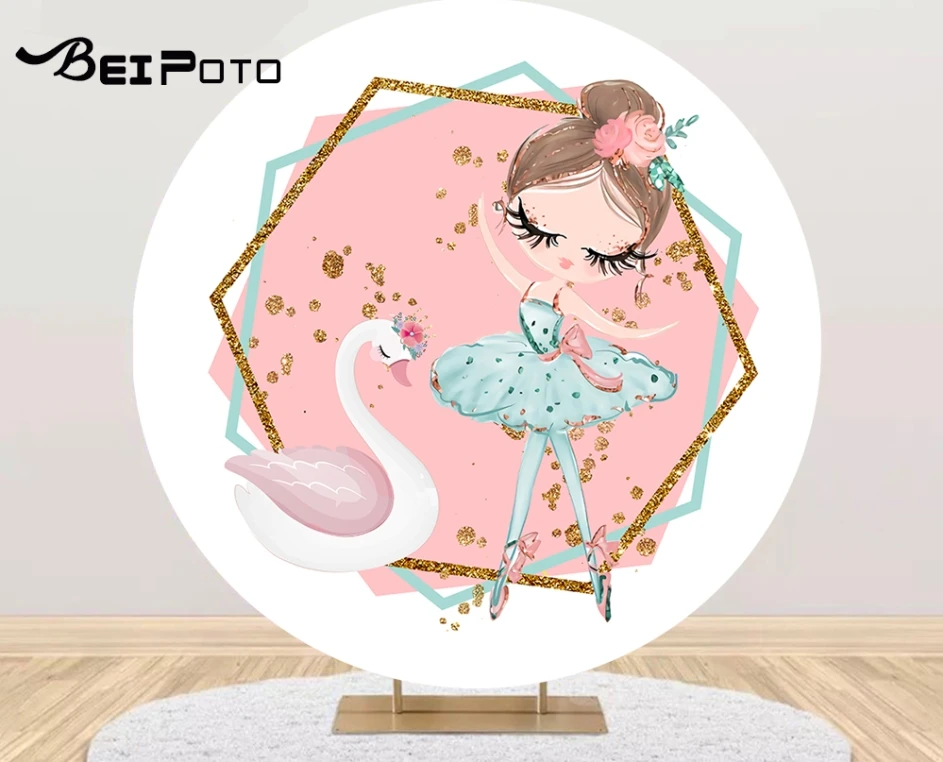 

Ballet Girl Pink Round Photography Background Circle Backdrop Swan Gold Photo Studio 1st Birthday Party Banner Table Cover Y742