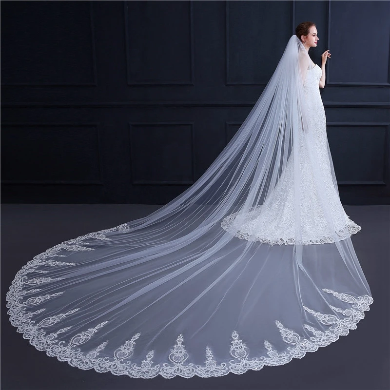 New Arrival 3.5 Meter White Ivory Cathedral Wedding Veils Long Lace Edge Bridal Veil with Comb Wedding Accessories Bride Veu