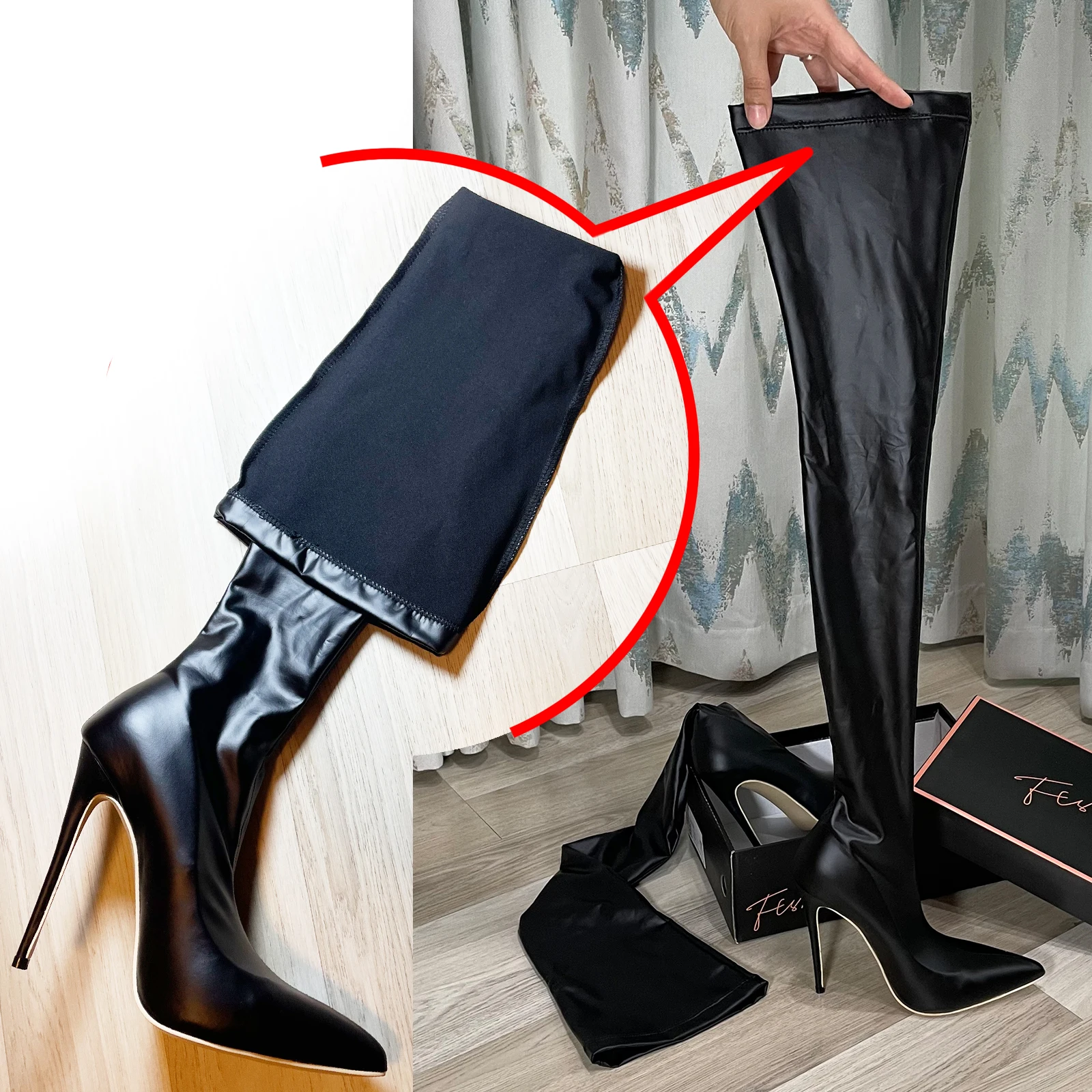 Ftshist Wet Look Super Hoge Hak Laarzen Vrouwen Naaldhak Over De Knie Faux Leather Streched Sok Laarzen Slim Fit Schoenen voor Cosplay