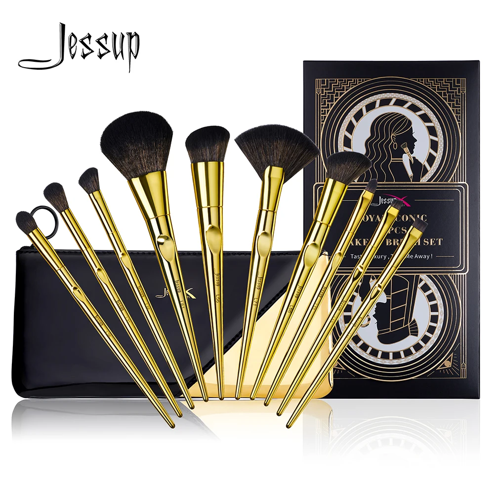 Jessup Makeup Brushes Set 10pcs Vintage Golden Powder Foundation Eyeshadow Eye Liner Brow Concealer Brush Synthetic Hair