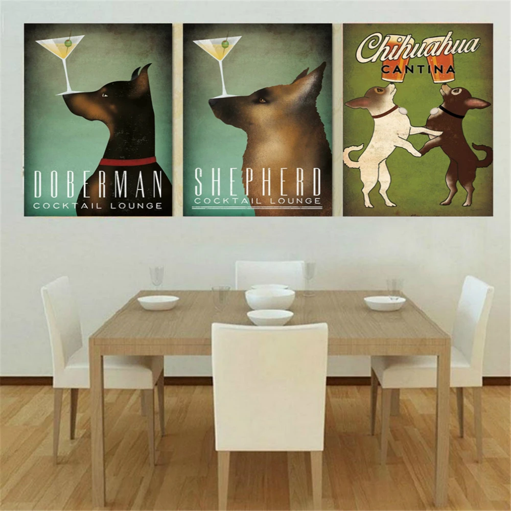 Arte de pared Retro perro negro pastor Doberman bebida perro lienzo imágenes para sala de estar cartel Vintage animales Cuadros Decoracion
