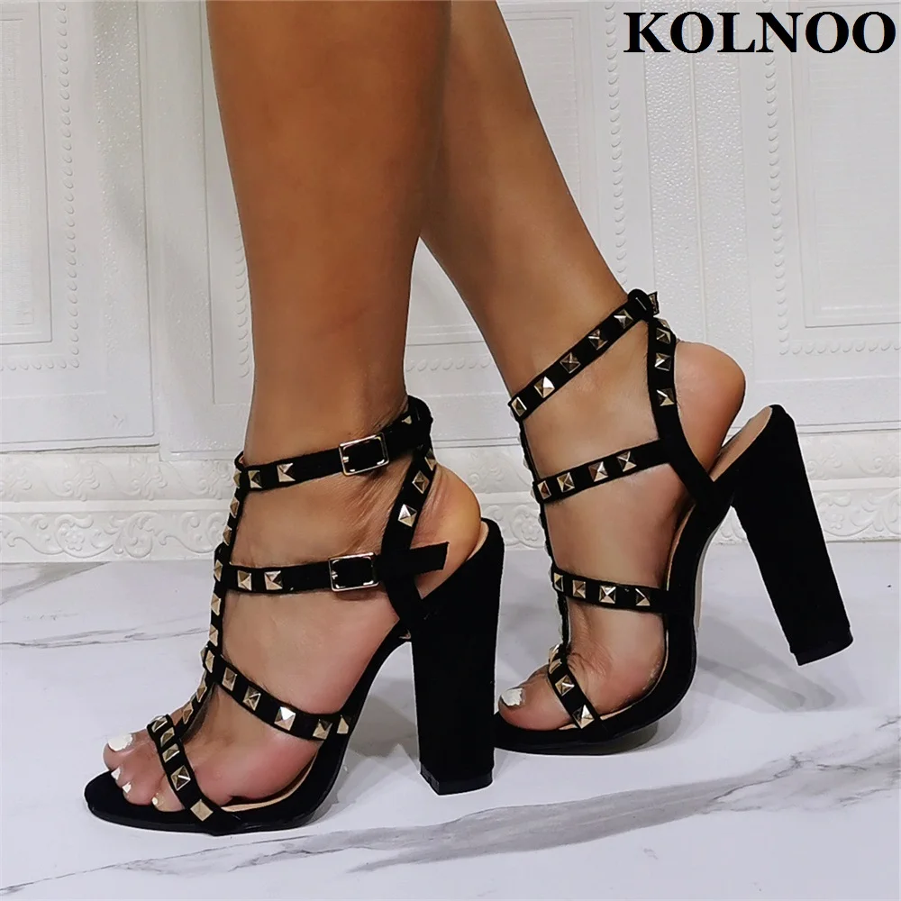 

Kolnoo New Real Picture Womens Chunky Heels Sandals Rivets Studded Open-toe Sexy Party Summer Shoes Evening Fashion Black Shoes