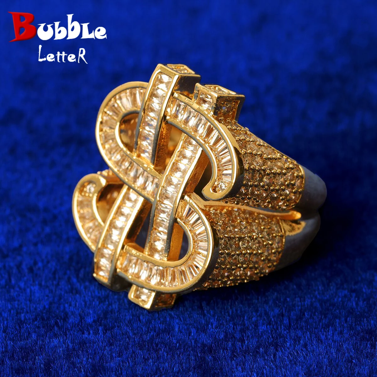 Bubble Letter Dollar Sign Rings for Men Baguette Real Copper Rapper Rock Street Hip Hop Jewelry