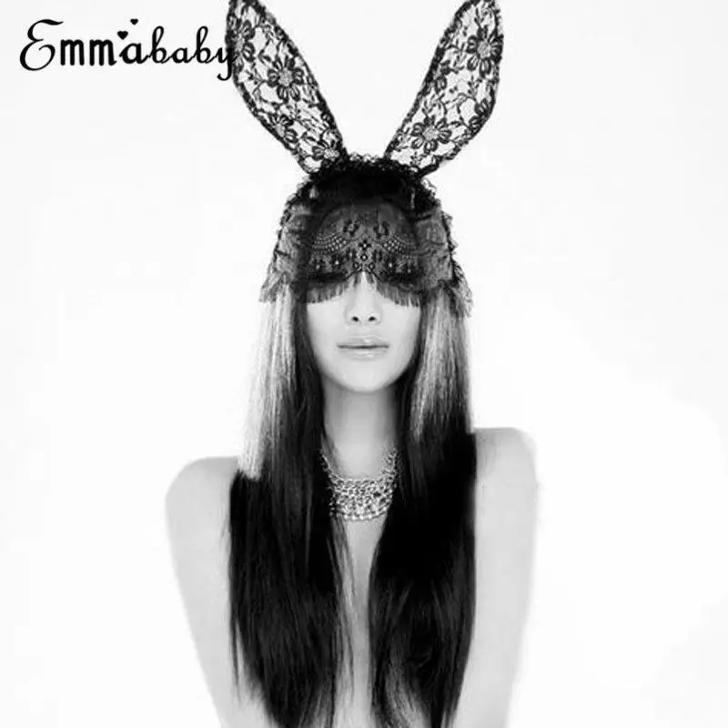 여성용 섹시한 블랙 레이스 가장 무도회 마스크, 할로윈 의상, 파티 토끼 귀 레이스 아이 마스크, 블랙