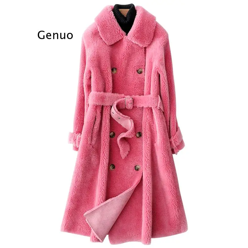 

Women Winter Long fake Wool Fur Coats Female Lapel Double Breasted Outwear Ladies Genuine Sheep Shearling Fur Jackets