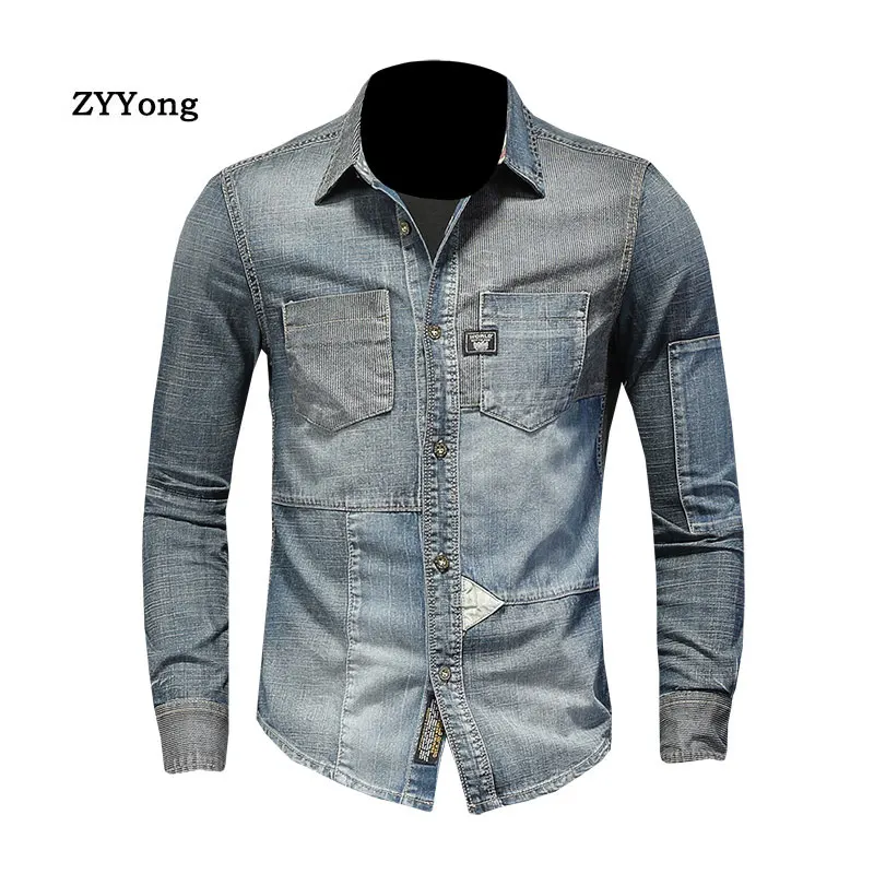 ZYYong Lapel Long Sleeve Patch Stitching Men's Denim Shirt Retro Casual Blue Bomber Men's Shirt Men's Long Sleeve Thin Coat