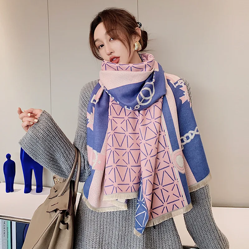 2020 Cashmere Scarf Women Winter Warm Foulard Shawl Triangle Geomeric Chain Knitted Bandana Luxury Windproof Girl\'s Neck Wrap