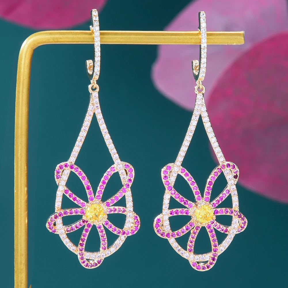 Kellybola Luxury Full Cubic Zircon Geometry Flower Pendant Earrings Dubai Africa Ladies Wedding Banquet High Quality Jewelry