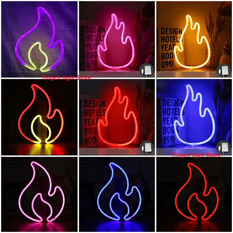 Flame Fire Neon Sign Lights Logo LED Wall Hanging Decortion Lamp Nightlight for Room Bar Shop Party Birthday Holiday