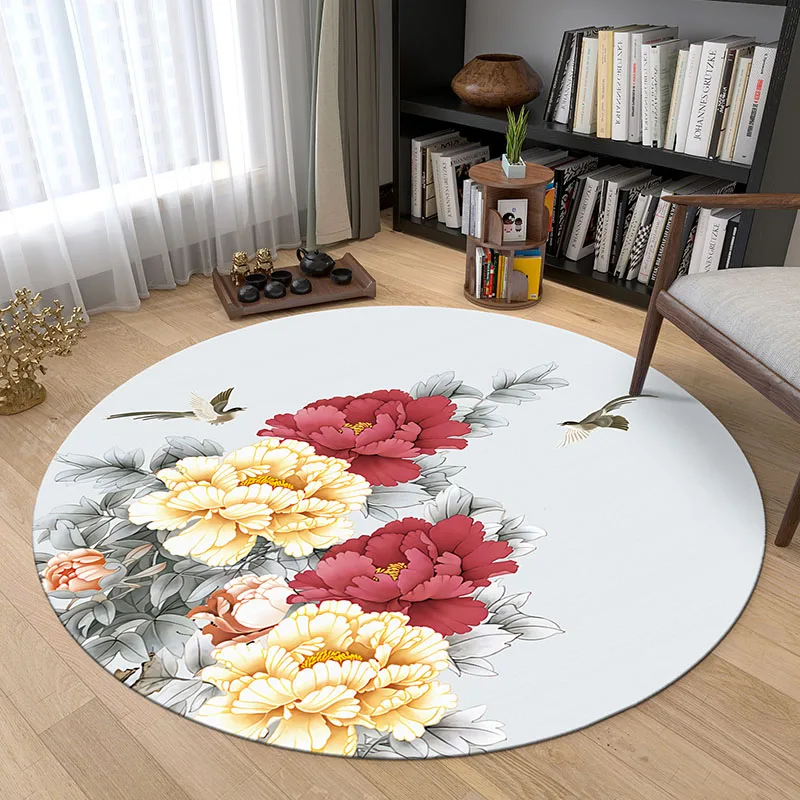 

Chinese Style Round Rugs 3D Red Flower Pattern Carpet for Living Room Soft Fluffy Rug Home Bedroom Round Carpet Kid Bedside Mat