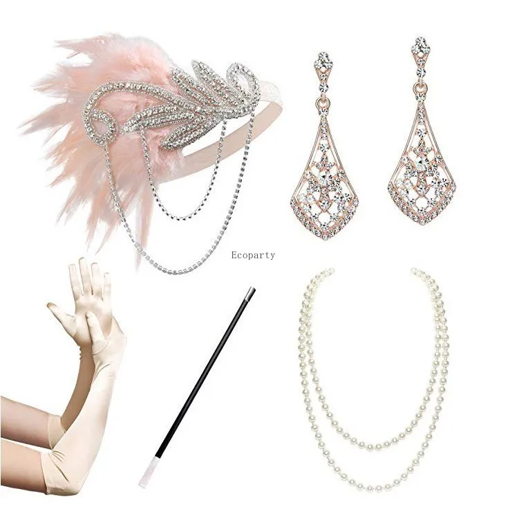 Accesorios de vestido de flapper de los años 1920, accesorios de fiesta Retro, diadema GATSBY, collar de perlas, banda de plumas blancas para boda, nuevo