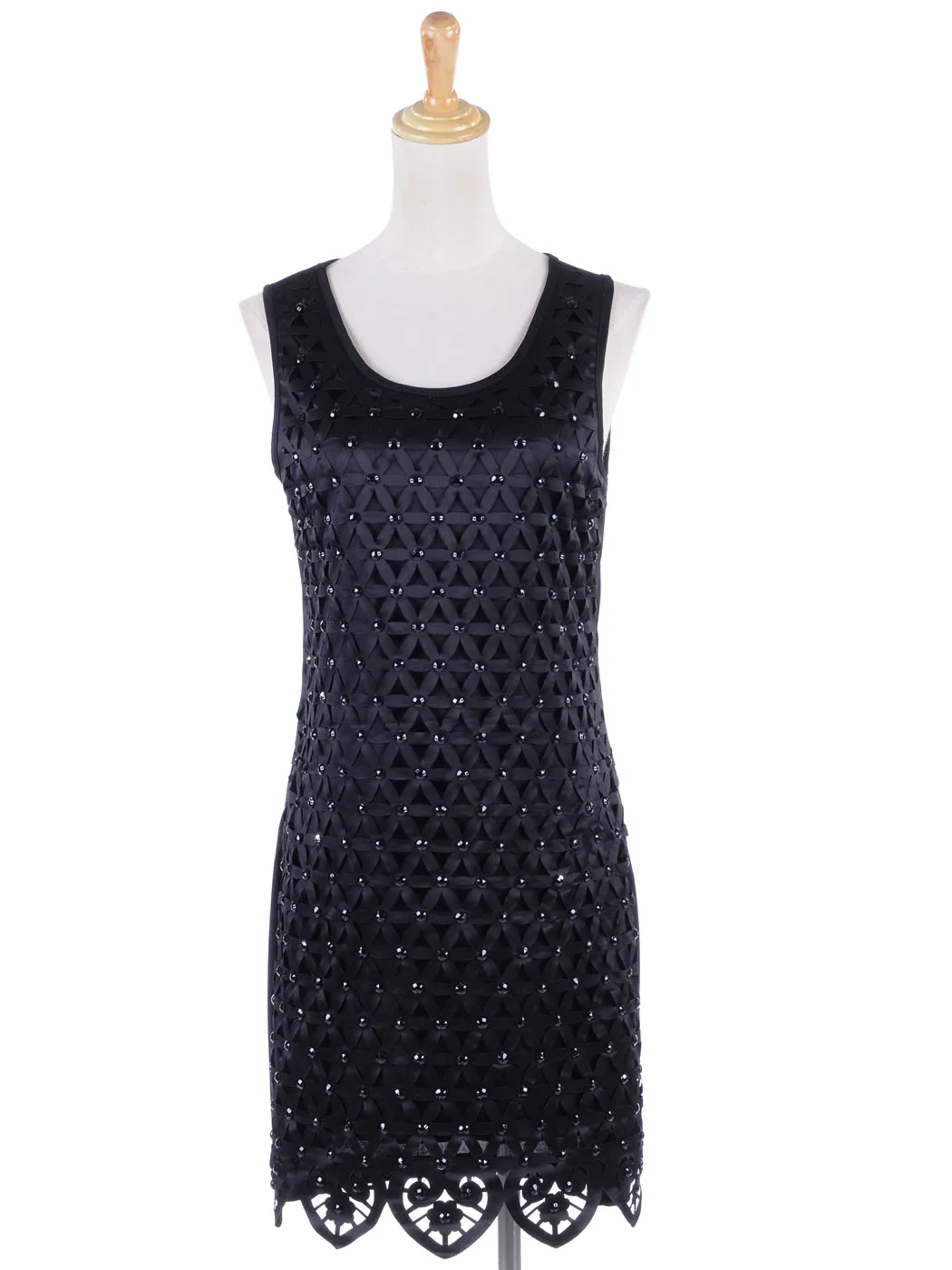 Women Fit Bead Embellished Basket Weave Pointed Hem Shift Dress Bodycon Mini Dress Female Skirt