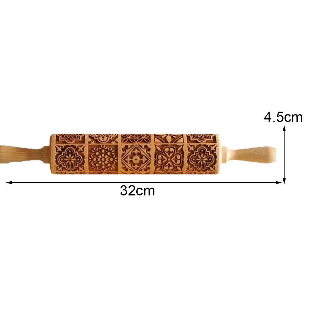Exquisite Pattern Rolling Pin Wooden Embossing Baking Tools Reindeer Dough Engraved Square Grid Cookies Mold