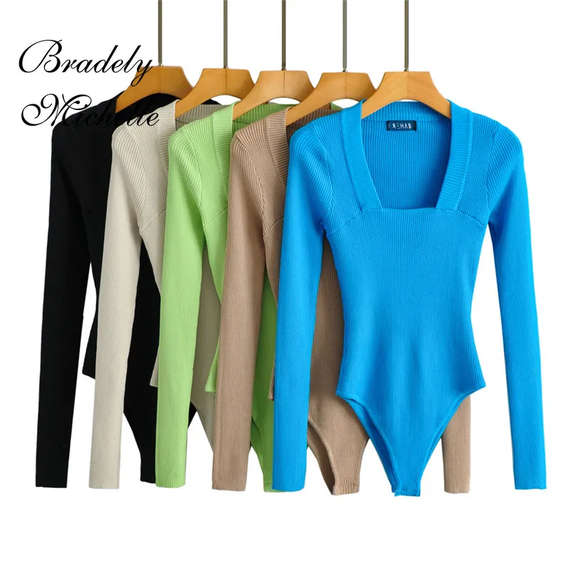 2021 New Fashion Women's Tops Square Neckline Long Sleeve Skinny Knit Bodysuit