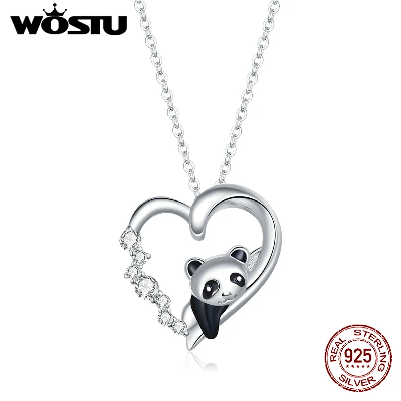 WOSTU 925 Sterling Silver Lovely Panda Necklace Dazzling Heart Zircon Long Chain Link Necklace For Women Fashion Jewelry CQN453