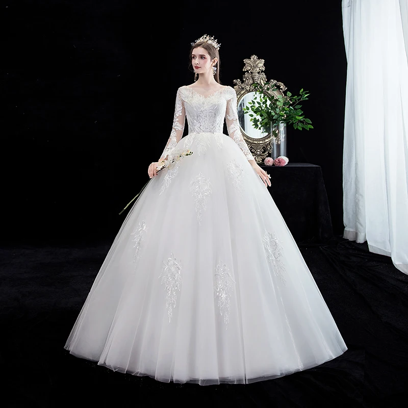 Ezkuntza Abito da sposa vintage illusione con scollo a V a maniche lunghe in pizzo ricamato Plus Size Abito da sposa sottile principessa Mariee personalizzato