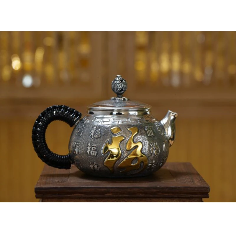 Silver pot 999 sterling silver handmade tea set Japanese retro teapot kettle home tea ceremony Kungfu tea set 1200ml