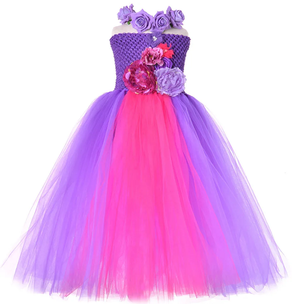 Flower Girl Dresses Long for Wedding Bridesmaid Gown for Kids Girls Fairy Tutu Dress with Garland Princess Birthday Costume 1-14