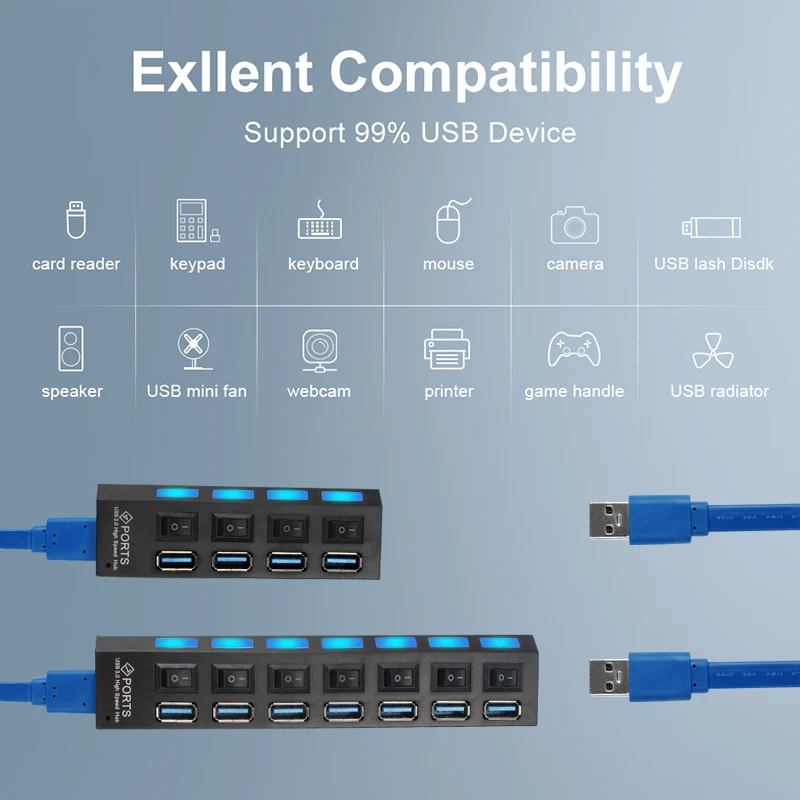 YelWong 4/7 Port USB HUB 2.0 3.0 Kecepatan Tinggi USB Splitter Expander Multi-port Switch Independen untuk PC Laptop Mac Windows